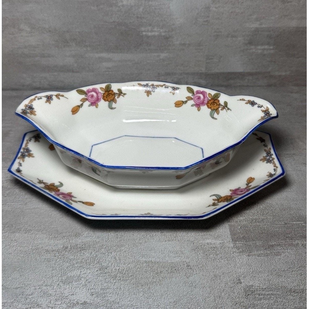 A Lanternier Limoges France Gravy Boat Attached Underplate Floral Blue Trim